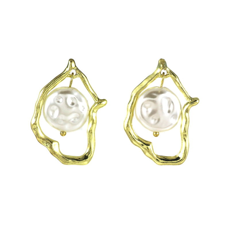 Abstract Gold Frame Earrings with Baroque Pearl
