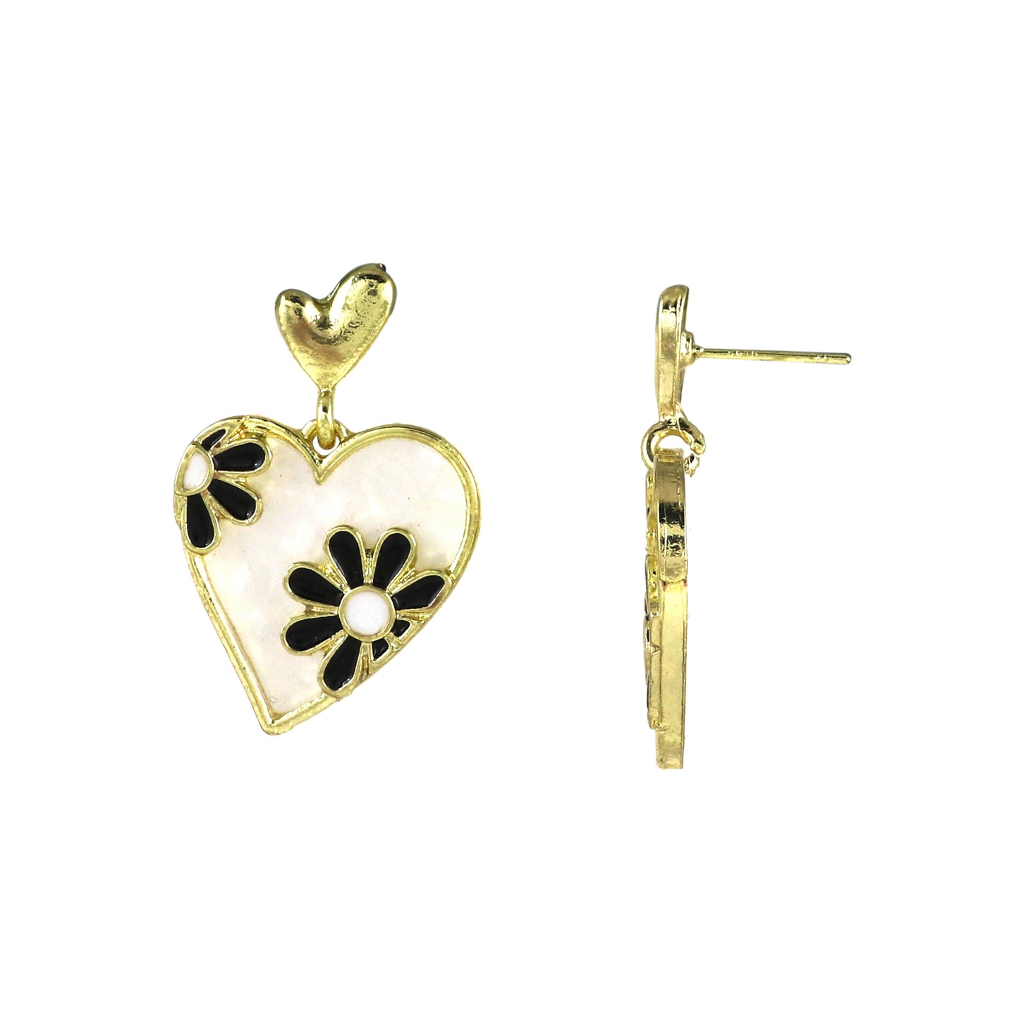 Gold Heart Dangle Earrings with Enamel Floral