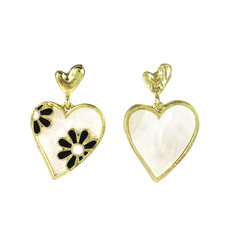 Gold Heart Dangle Earrings with Enamel Floral