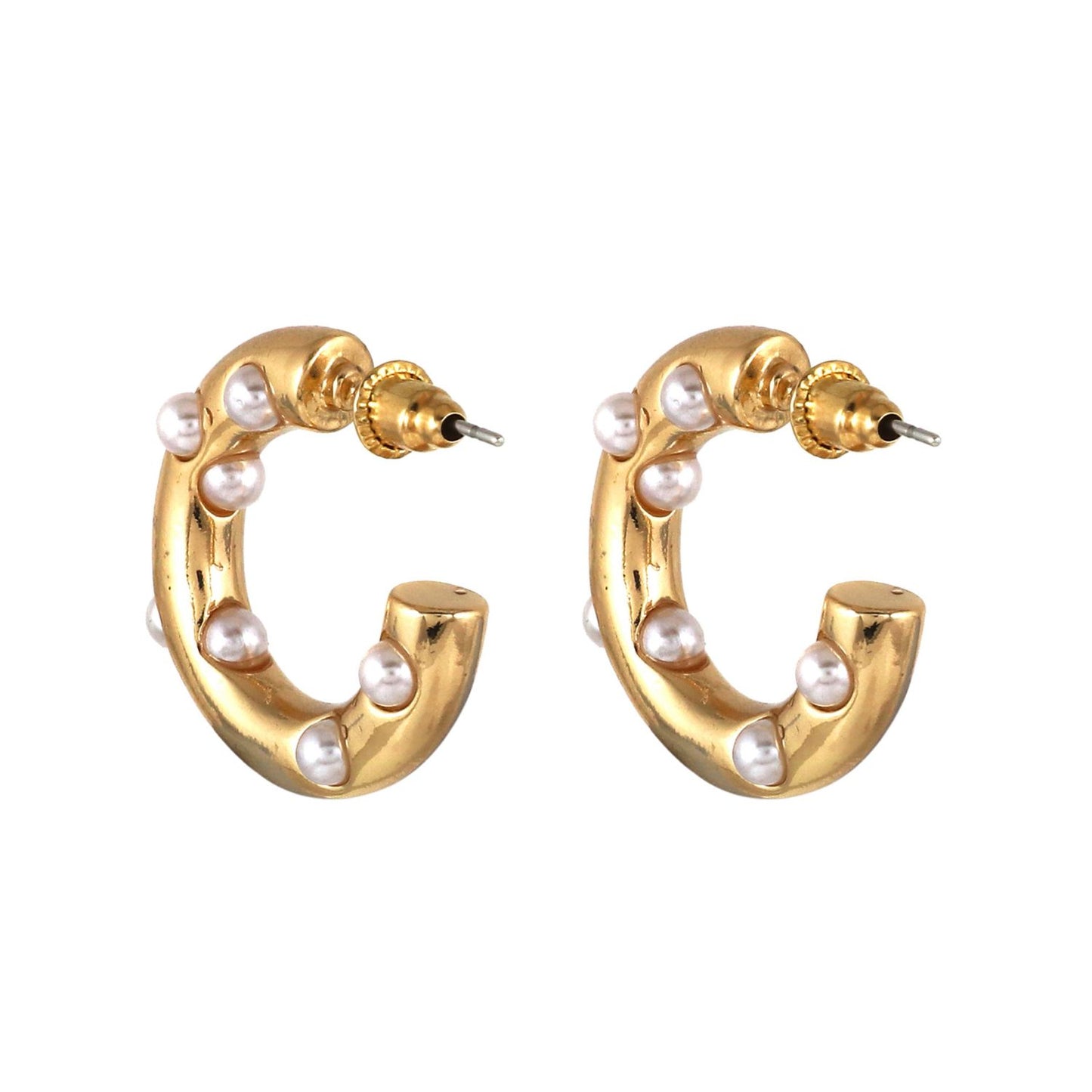 Gold Tone Beaded Half Hoop Earrings