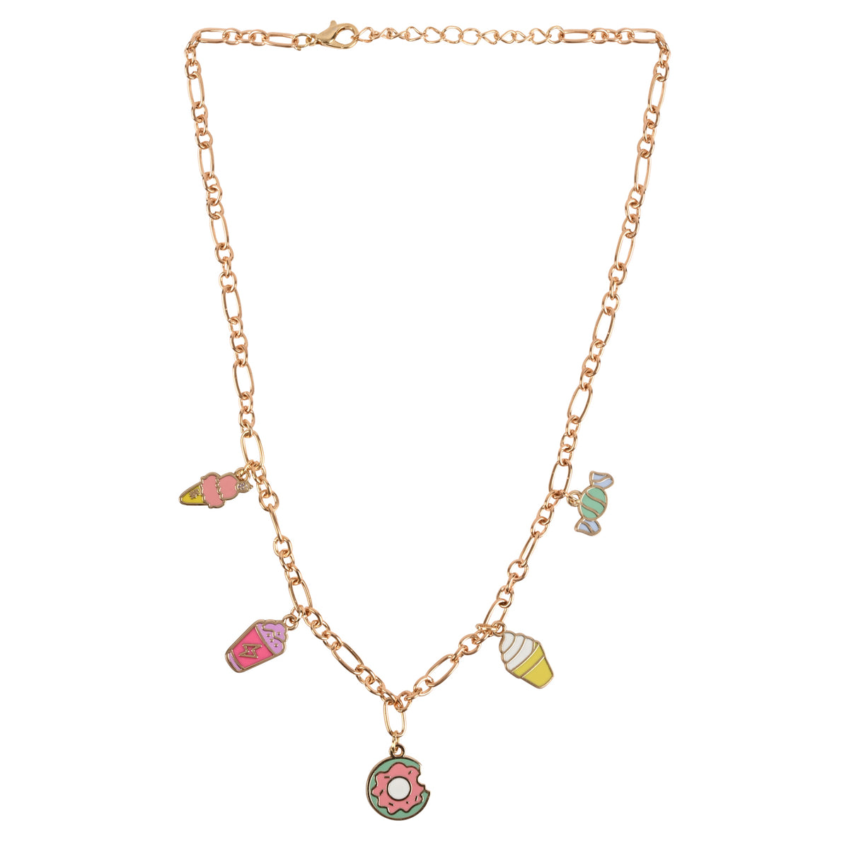 A gold-toned chain necklace with five colorful enamel charm icons depicting ice cream cones, a cupcake, a candy, a donut, and a slice of pizza, displayed on a clean white background.
