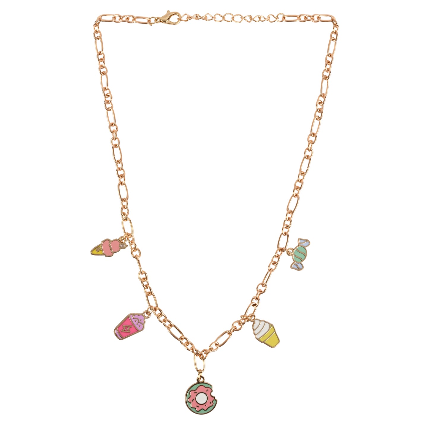 A gold-toned chain necklace with five colorful enamel charm icons depicting ice cream cones, a cupcake, a candy, a donut, and a slice of pizza, displayed on a clean white background.