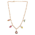 A gold-toned chain necklace with five colorful enamel charm icons depicting ice cream cones, a cupcake, a candy, a donut, and a slice of pizza, displayed on a clean white background.