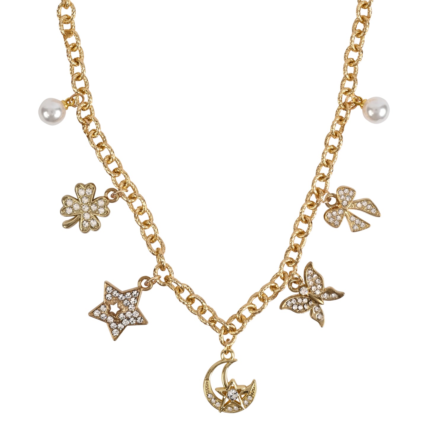 A gold-tone double-strand chain necklace featuring charms including a crescent moon with a star, a butterfly, a clover, a flower, and two pearl-like beads, set against a plain white background.