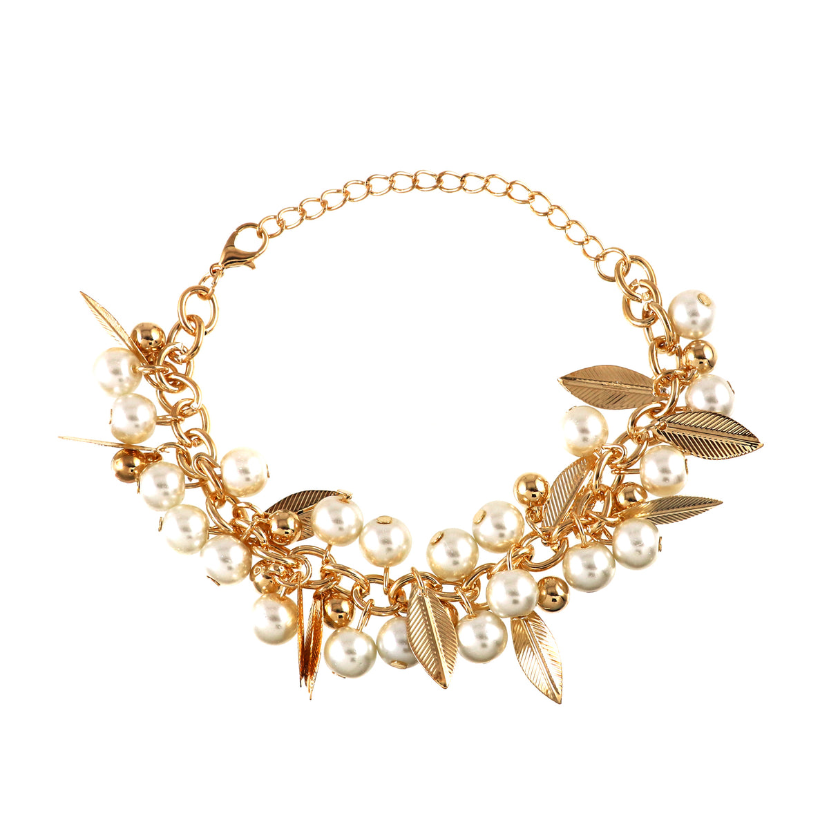 Gold Tone Leaves Beads Chain Bracelet