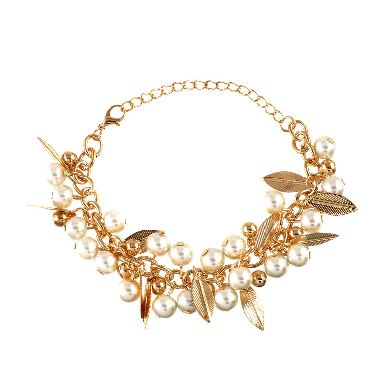 Gold Tone Leaves Beads Chain Bracelet