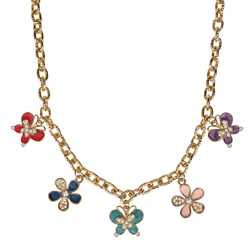 Diamond Stone Butterfly Floral Charms Necklace