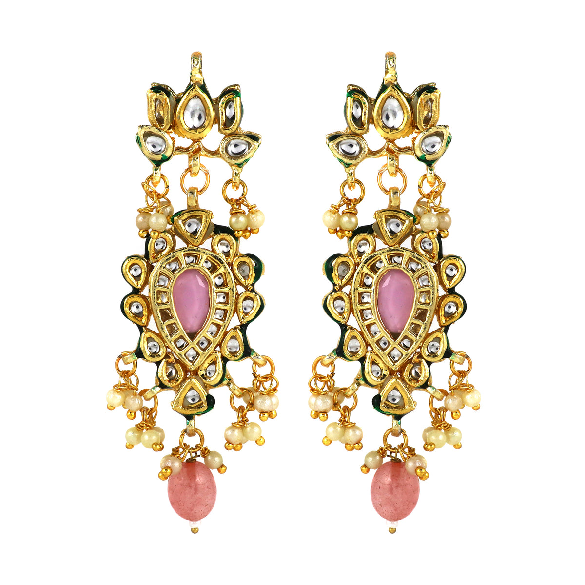 Kundan Earrings with Pink Stone and Green Enamel