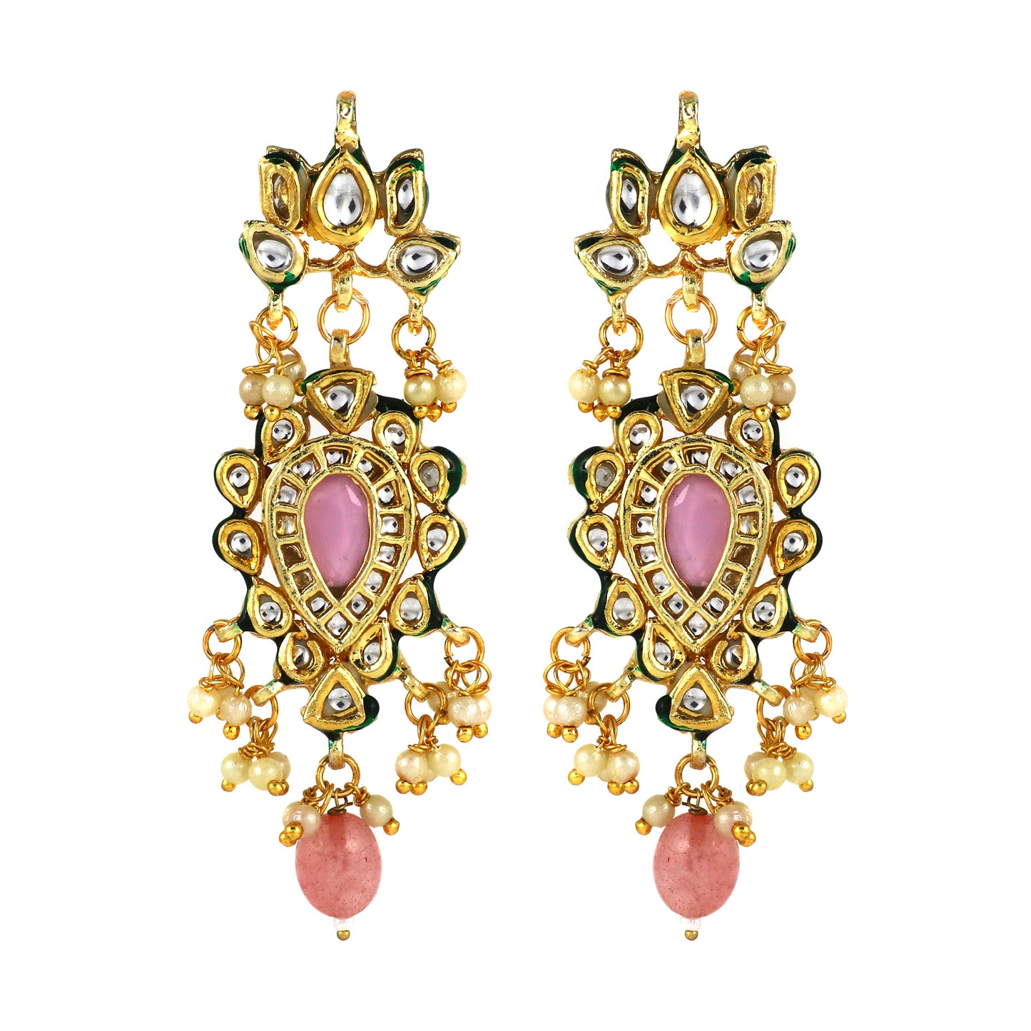 Kundan Earrings with Pink Stone and Green Enamel