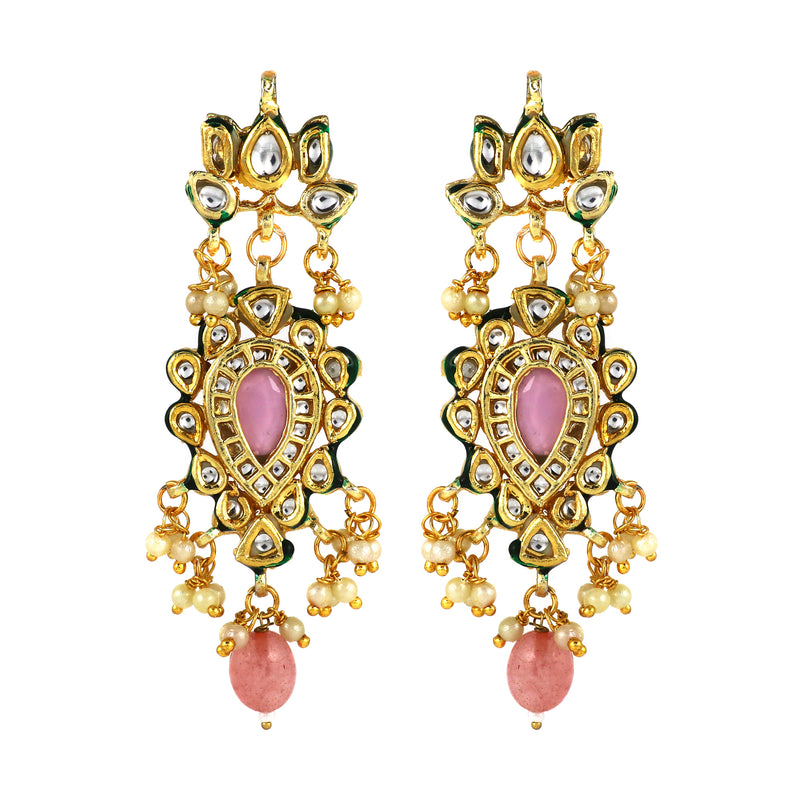 Kundan Earrings with Pink Stone and Green Enamel