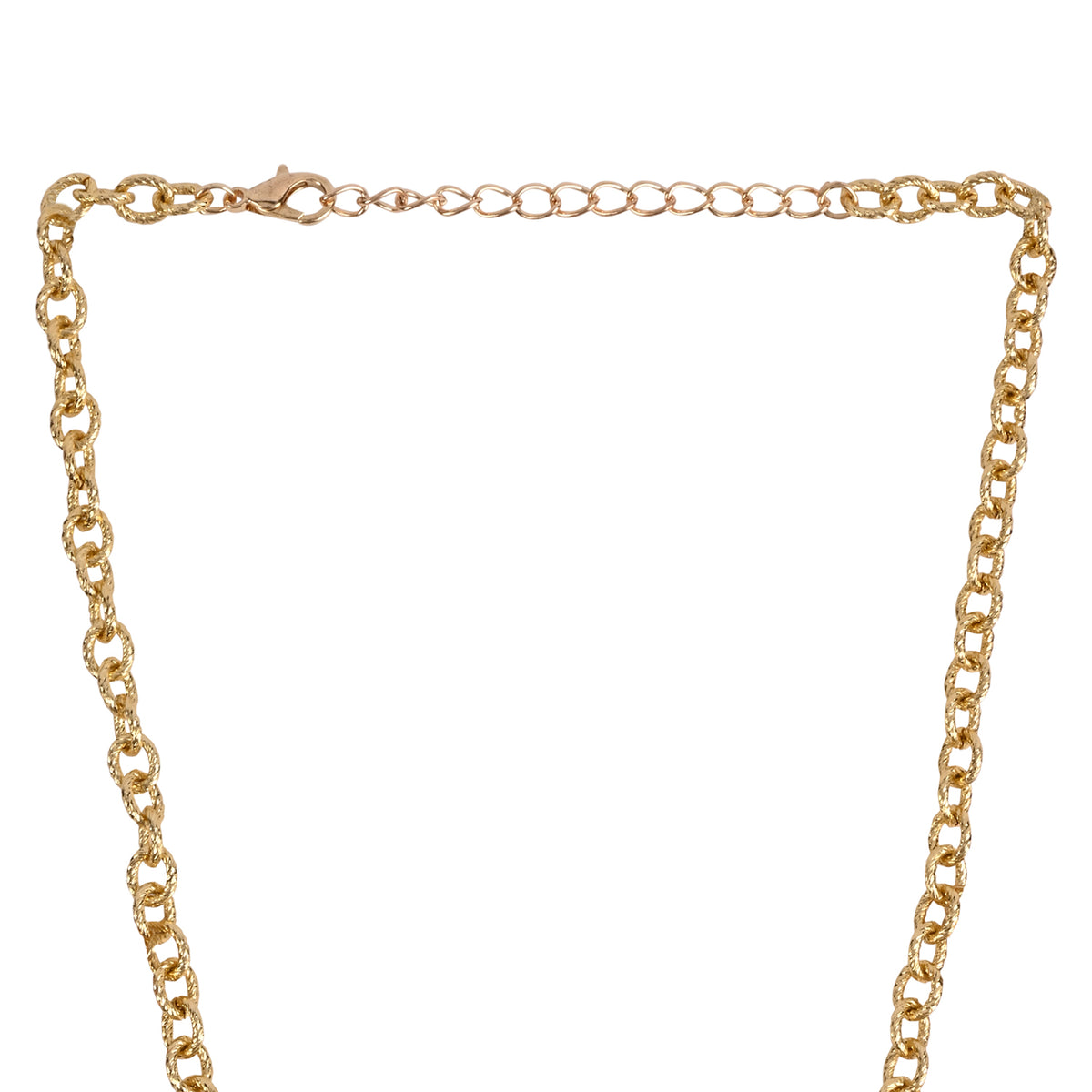 A close-up of a gold-toned chain necklace with a lobster clasp and extender link section, shown against a plain white background.
