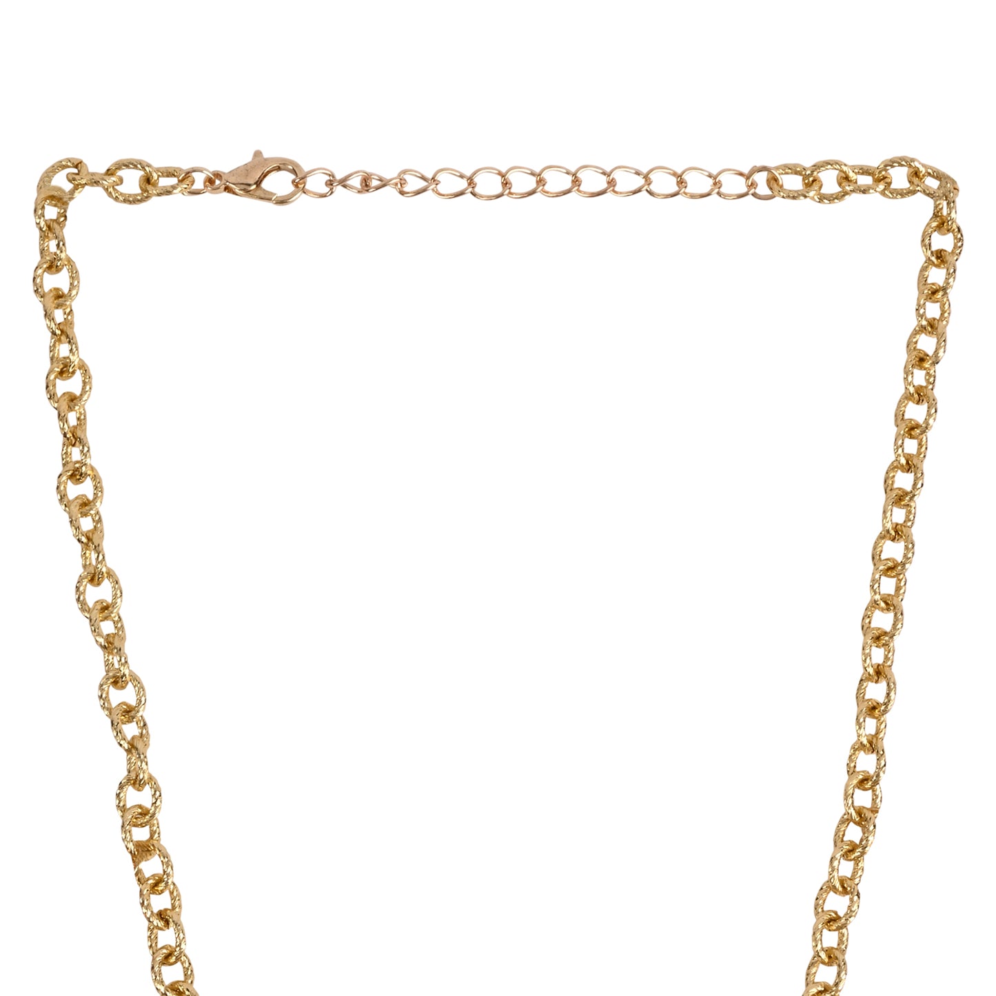 A close-up of a gold-toned chain necklace with a lobster clasp and extender link section, shown against a plain white background.