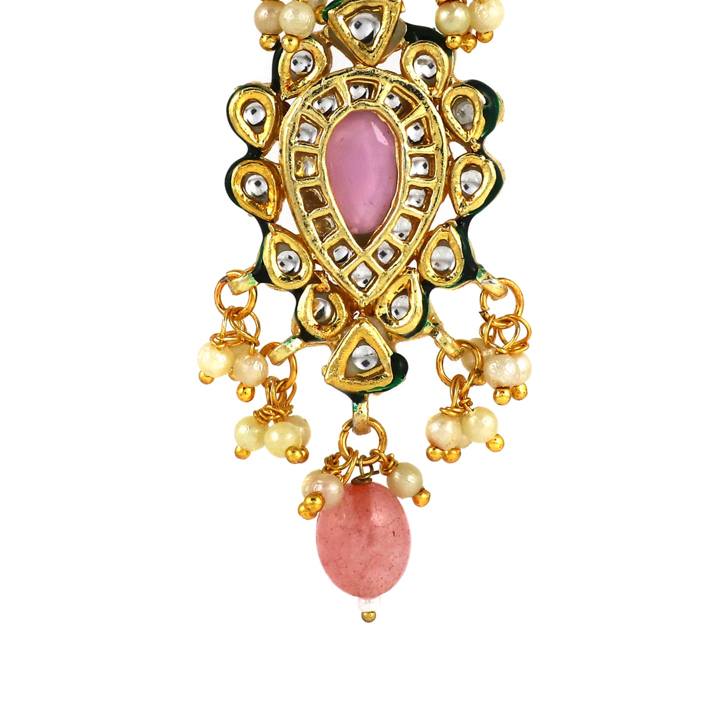 Kundan Earrings with Pink Stone and Green Enamel