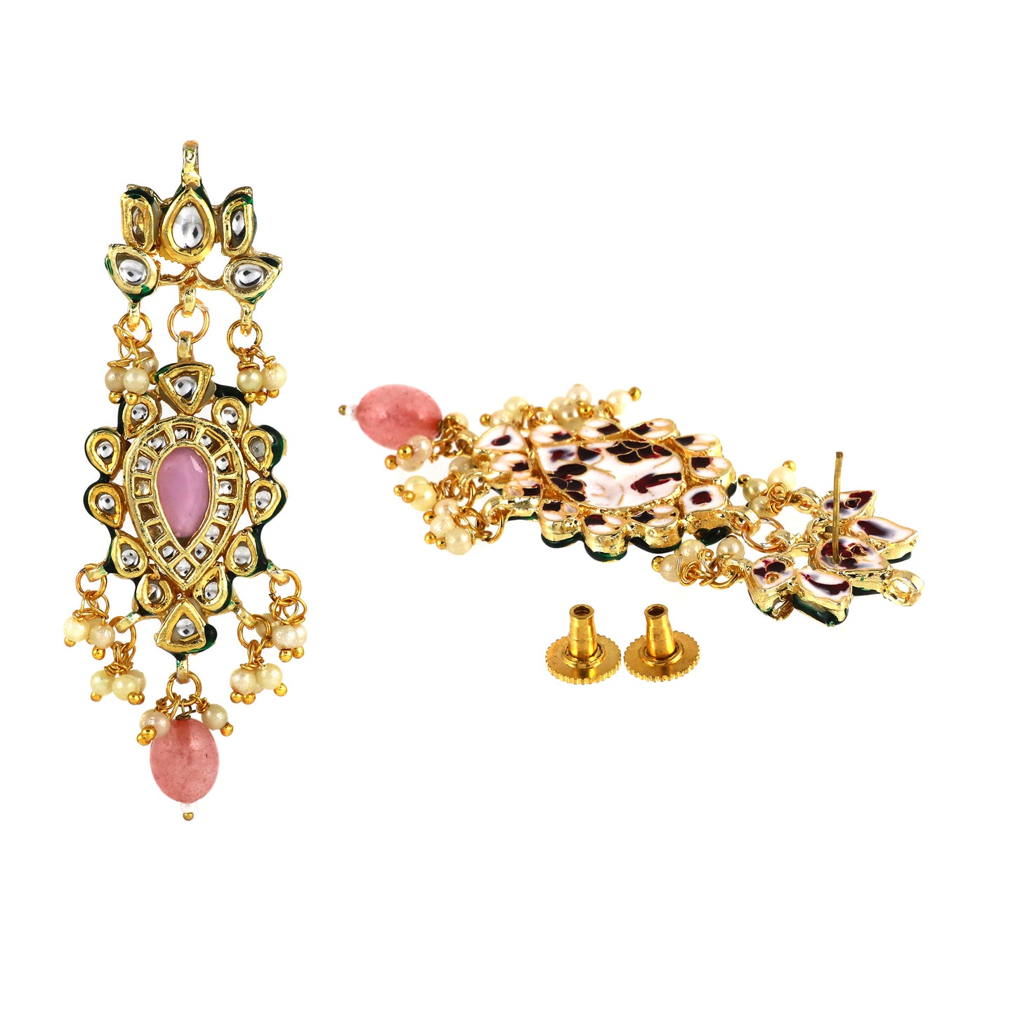 Kundan Earrings with Pink Stone and Green Enamel