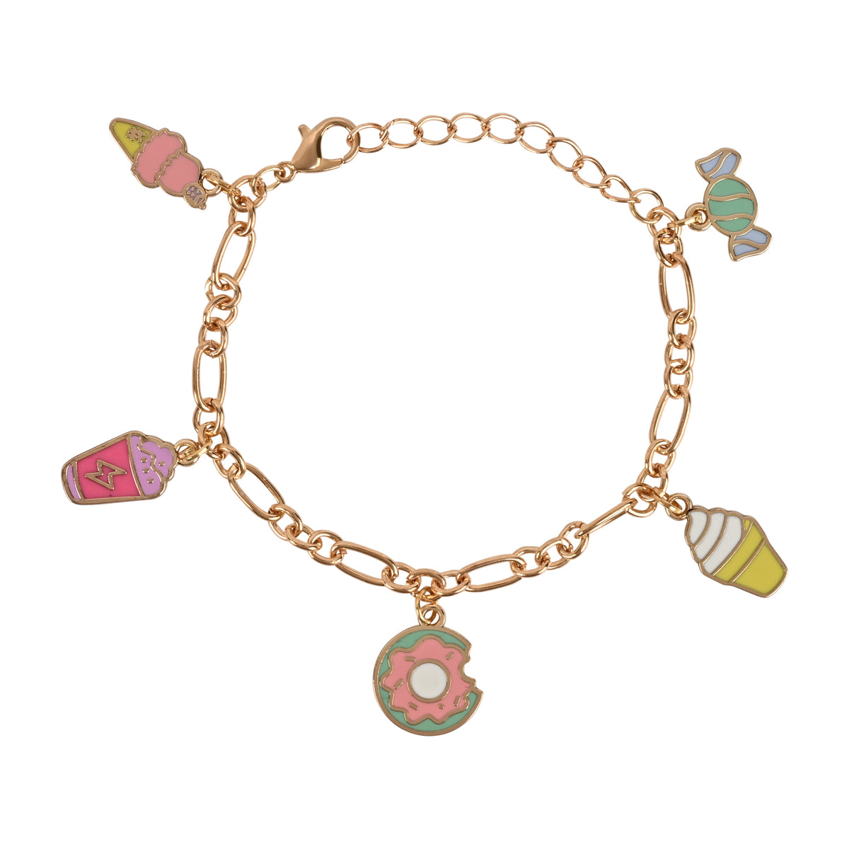 A gold-tone chain bracelet with five colorful enamel charms shaped like an ice cream cone, a candy, a pink drink, a donut, and an ice cream scoop, shown on a plain white background.