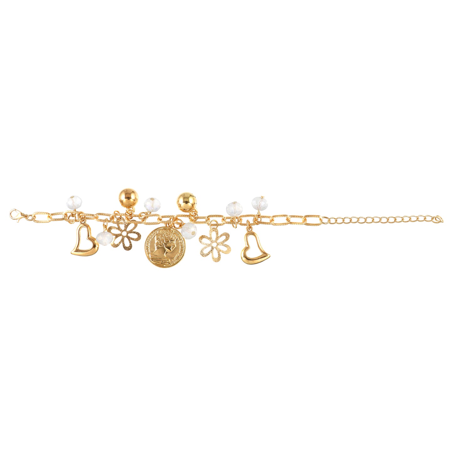 Multi Charm Beaded Gold Tone Bracelet