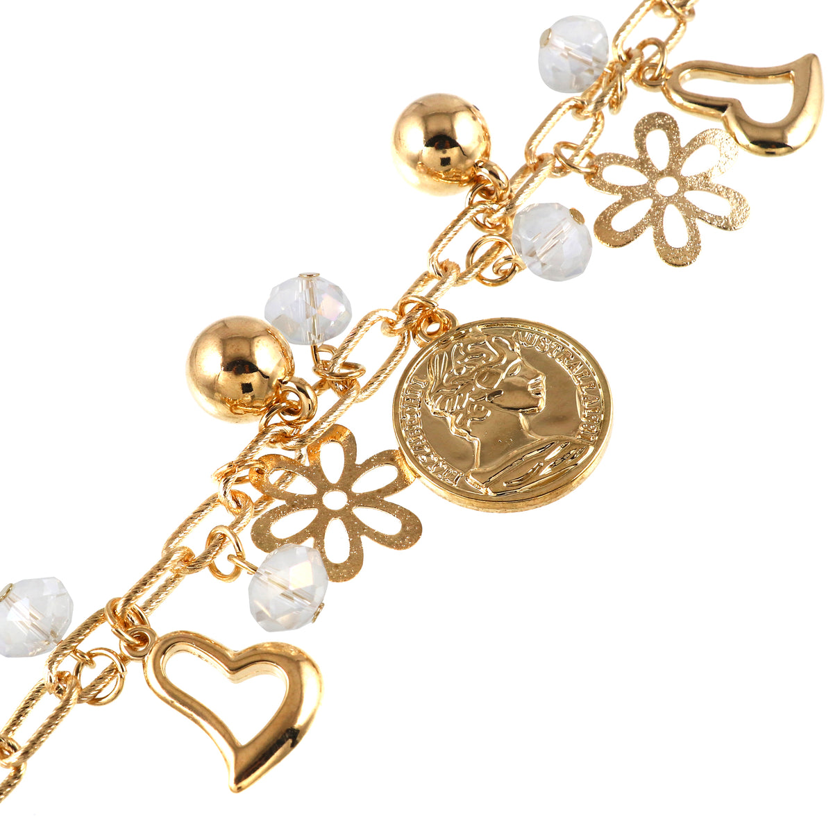 Multi Charm Beaded Gold Tone Bracelet