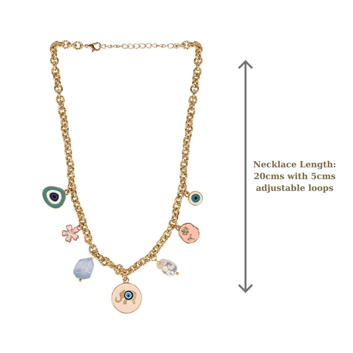 Gold-tone charm necklace with multiple decorative pendants, shown on a white background with a vertical measurement arrow and text indicating necklace length: 20cm with 5cm adjustable loops.