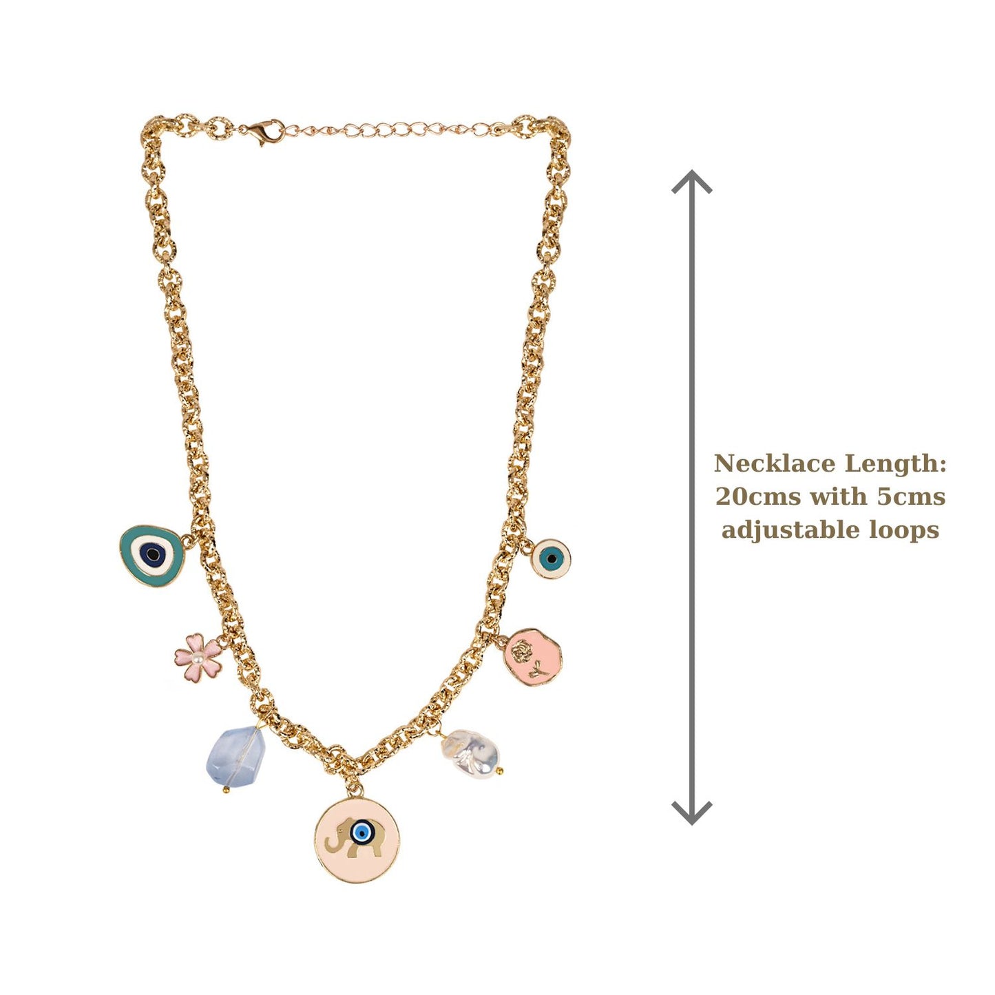 Gold-tone charm necklace with multiple decorative pendants, shown on a white background with a vertical measurement arrow and text indicating necklace length: 20cm with 5cm adjustable loops.