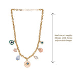 Gold-tone charm necklace with multiple decorative pendants, shown on a white background with a vertical measurement arrow and text indicating necklace length: 20cm with 5cm adjustable loops.