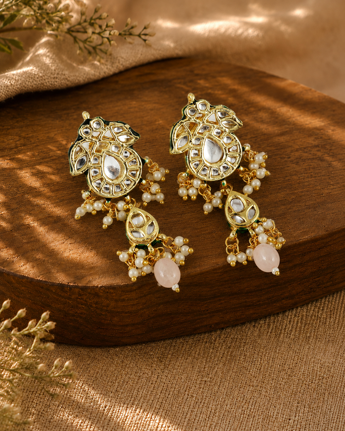 Paisley Kundan Earrings with Soft Pink Stone