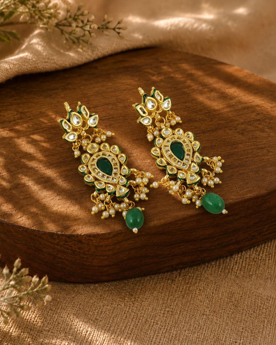 Kundan Earrings with Green Stone and Pearl Detailing