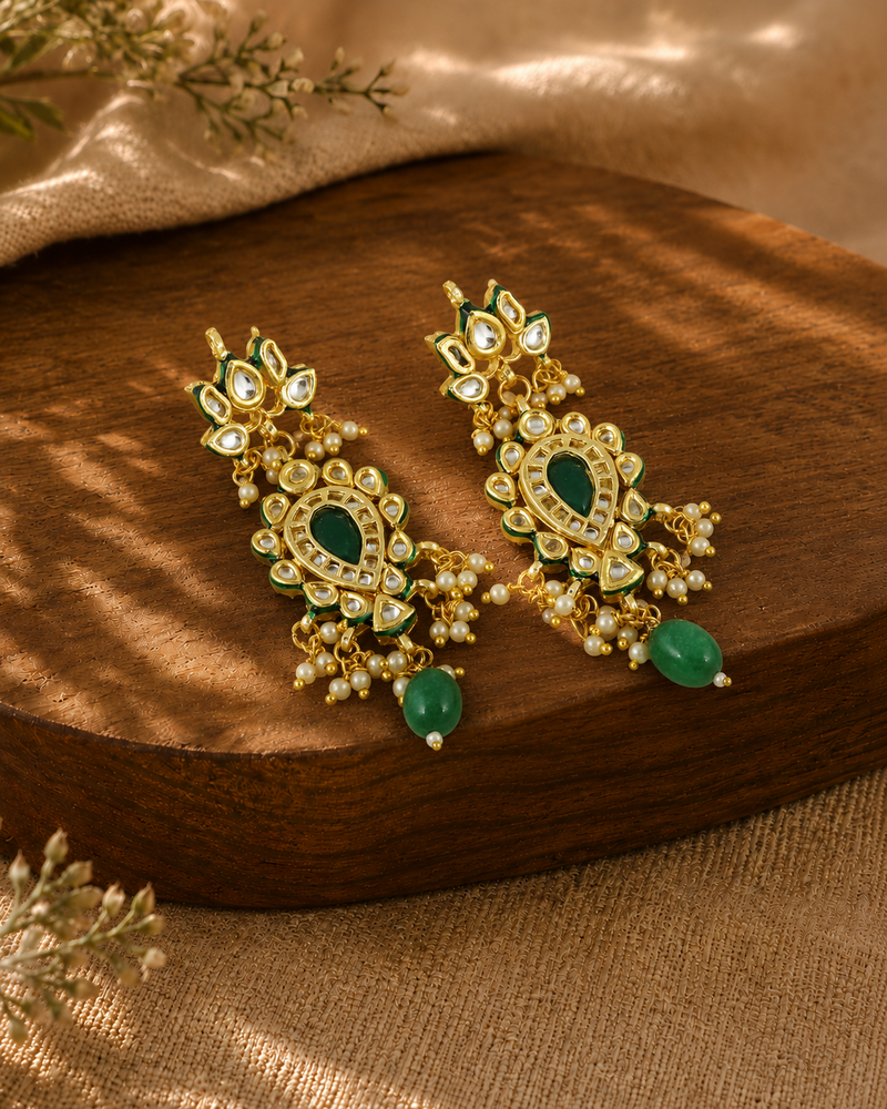 Kundan Earrings with Green Stone and Pearl Detailing