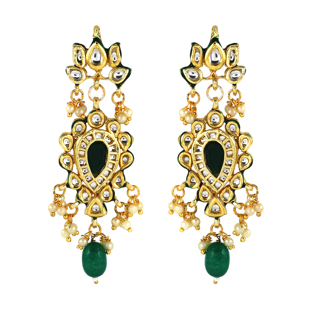 Kundan Earrings with Green Stone and Pearl Detailing