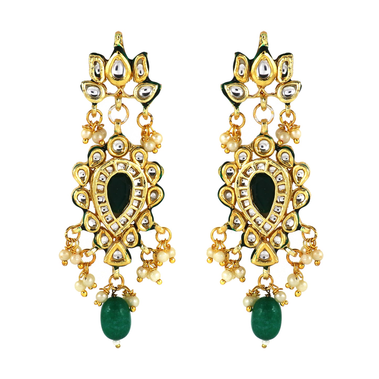 Kundan Earrings with Green Stone and Pearl Detailing