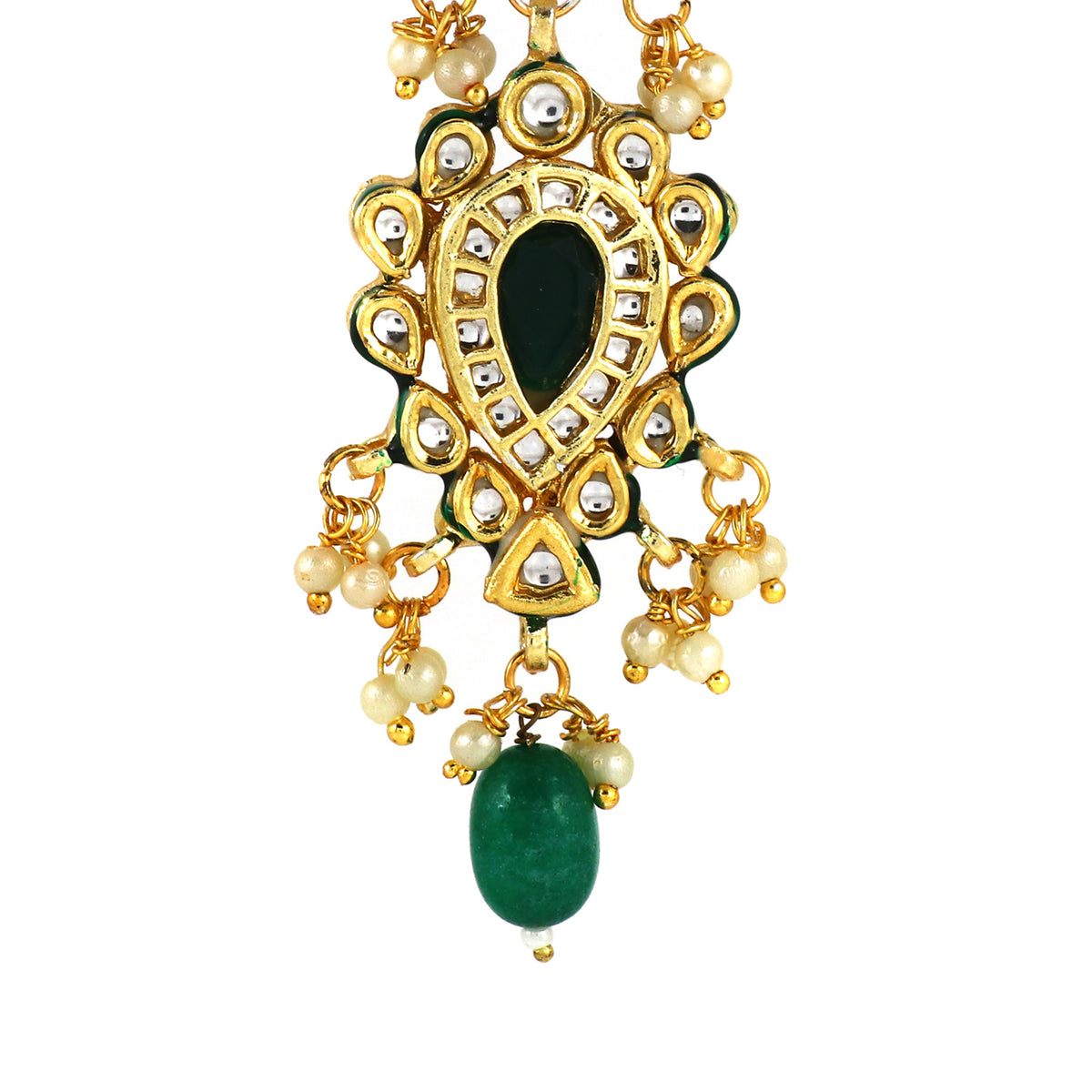 Kundan Earrings with Green Stone and Pearl Detailing
