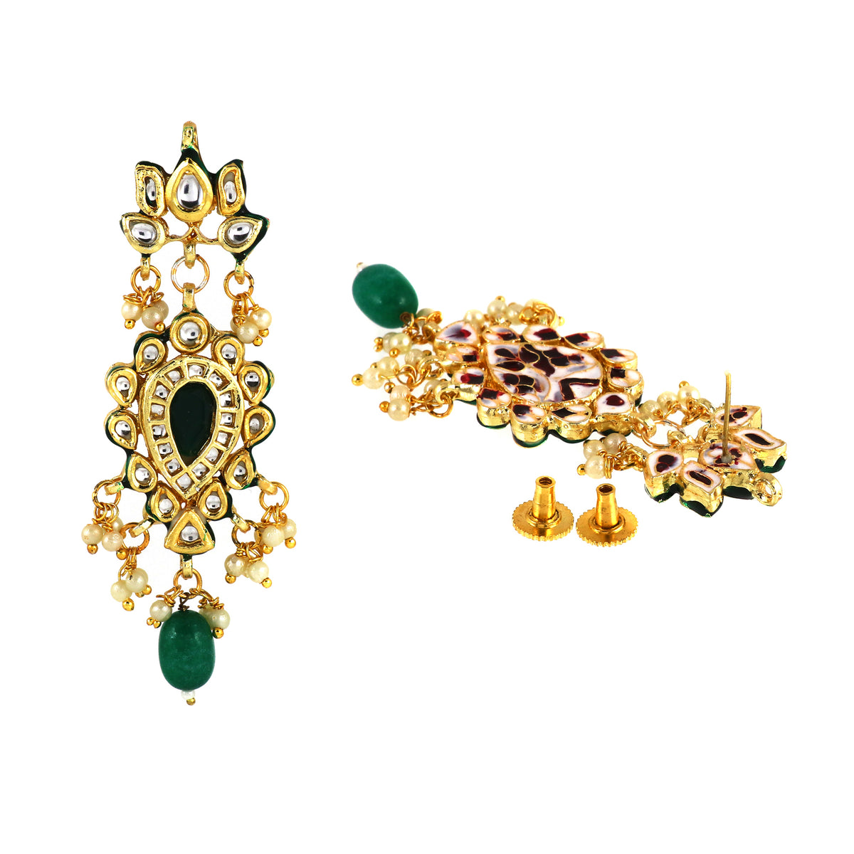 Kundan Earrings with Green Stone and Pearl Detailing