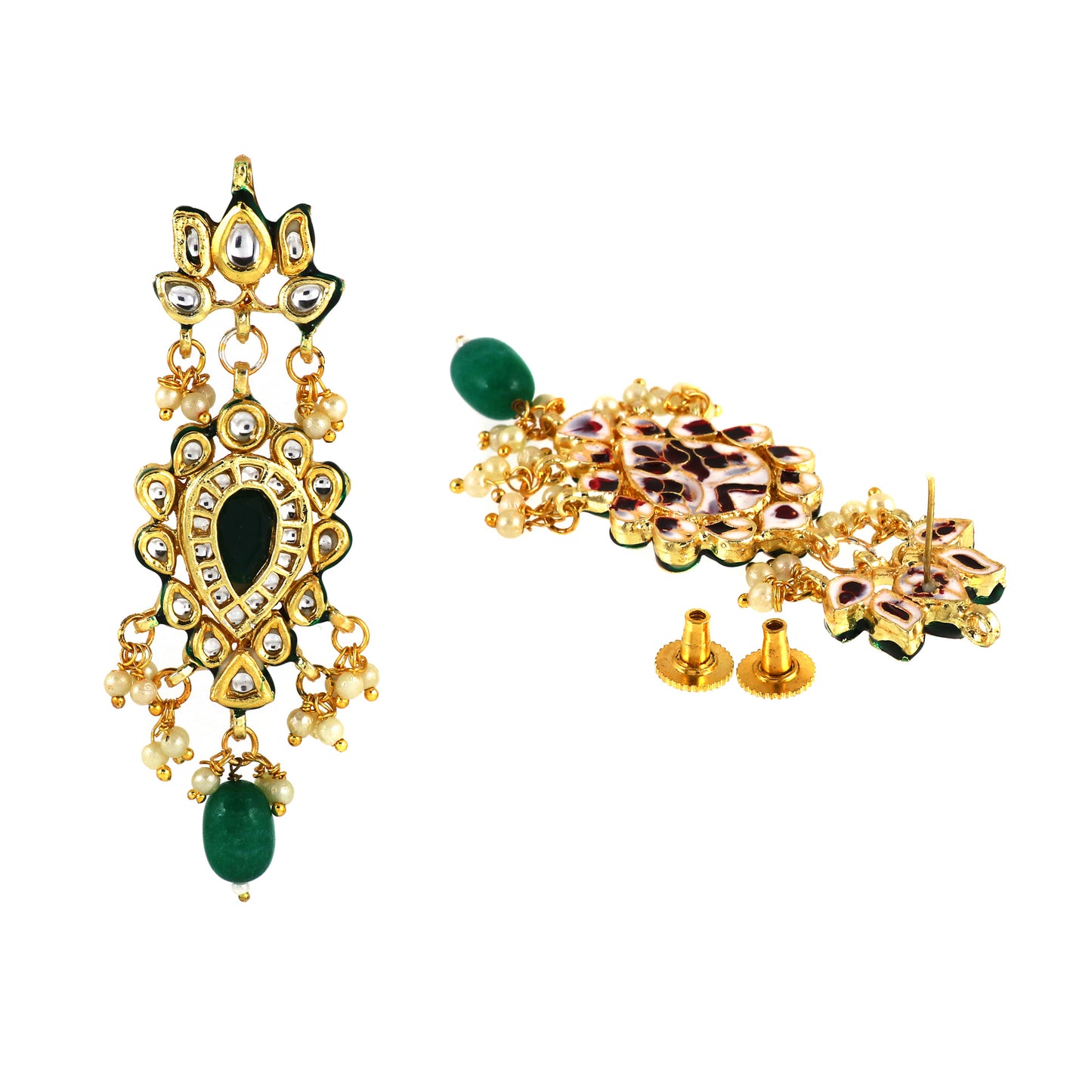 Kundan Earrings with Green Stone and Pearl Detailing
