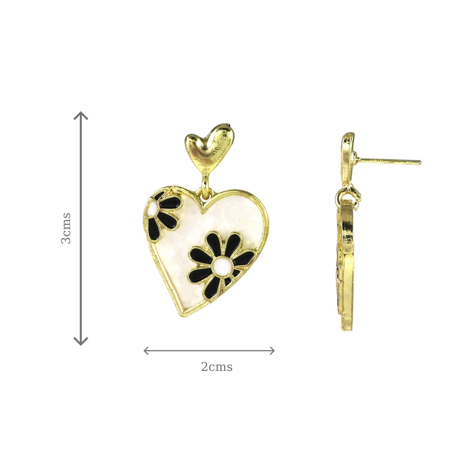 Gold Heart Dangle Earrings with Enamel Floral