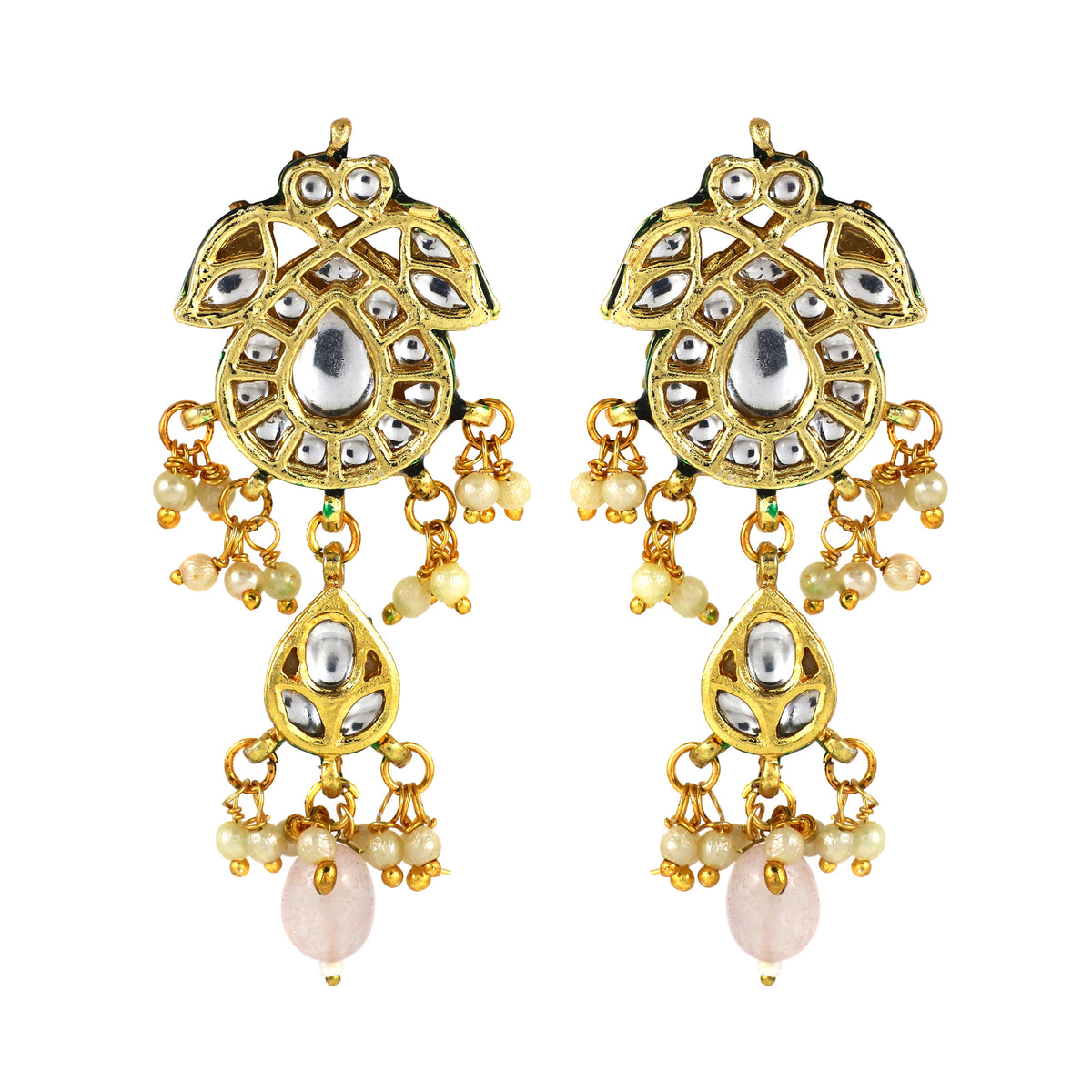 Paisley Kundan Earrings with Soft Pink Stone