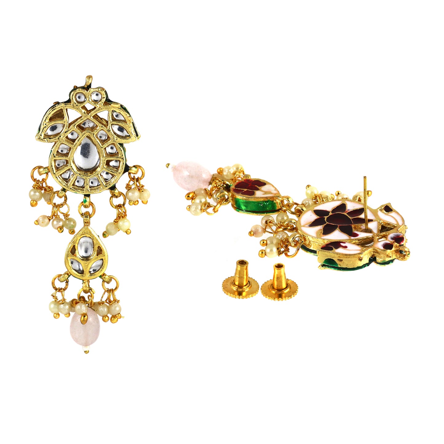 Paisley Kundan Earrings with Soft Pink Stone