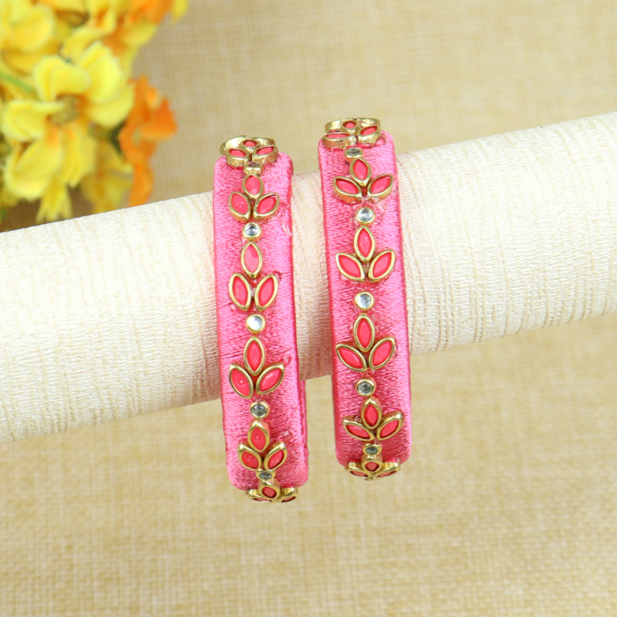 Silk Thread Petal Kundan Stone Bangles - Set of 2