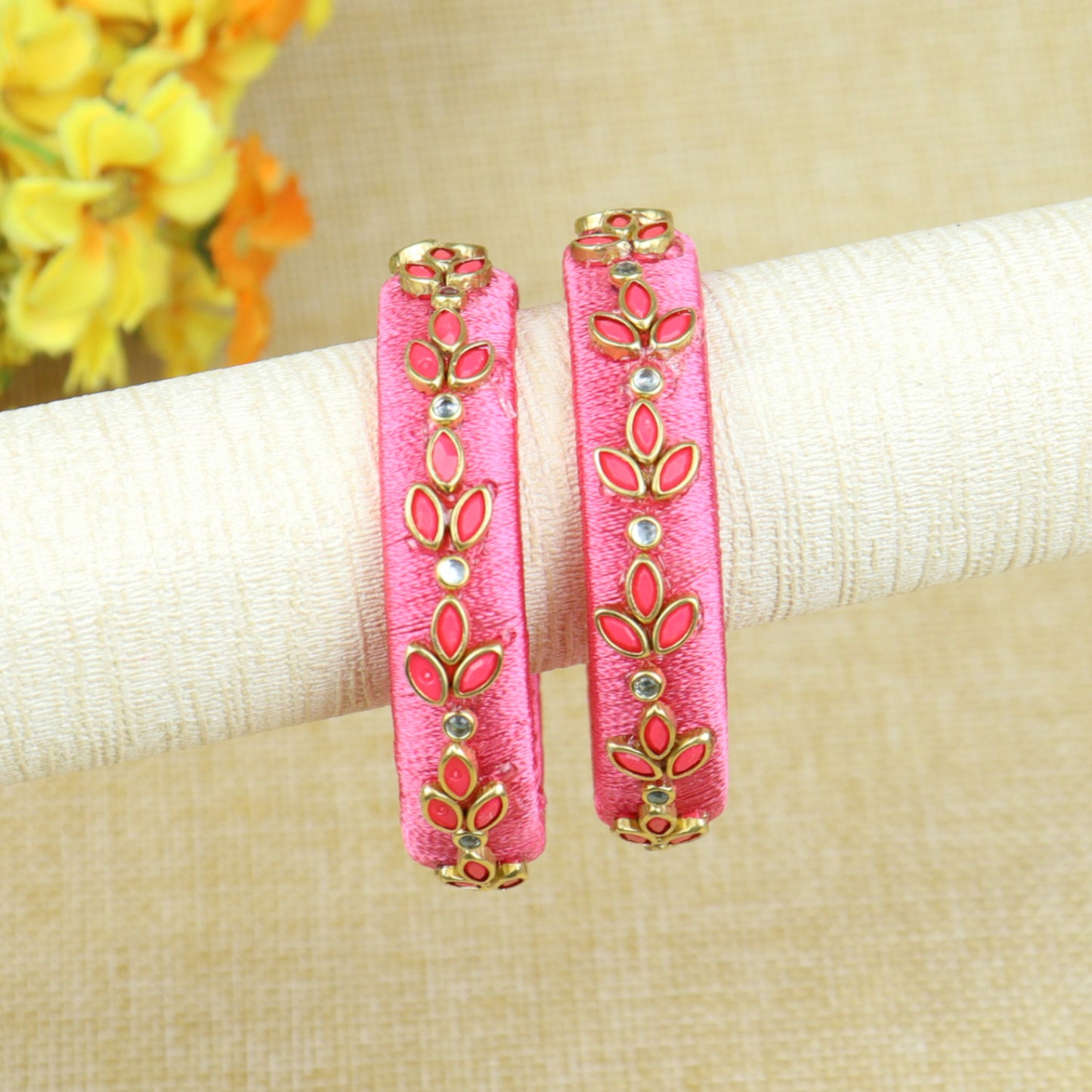 Silk Thread Petal Kundan Stone Bangles - Set of 2