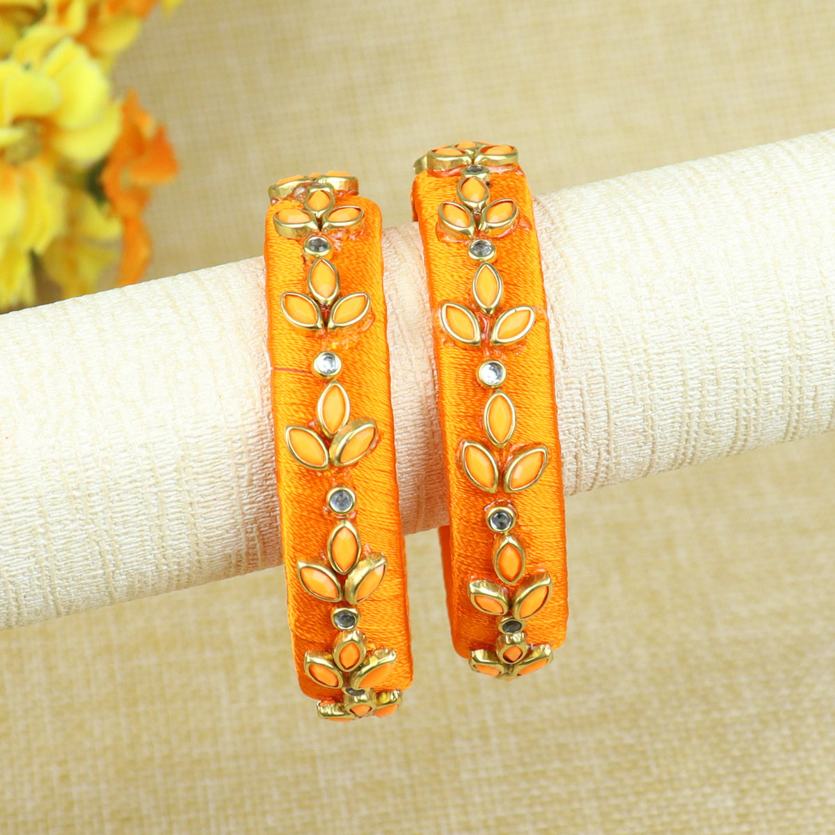 Silk Thread Petal Kundan Stone Bangles - Set of 2