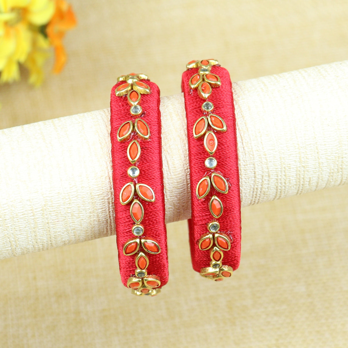 Silk Thread Petal Kundan Stone Bangles - Set of 2