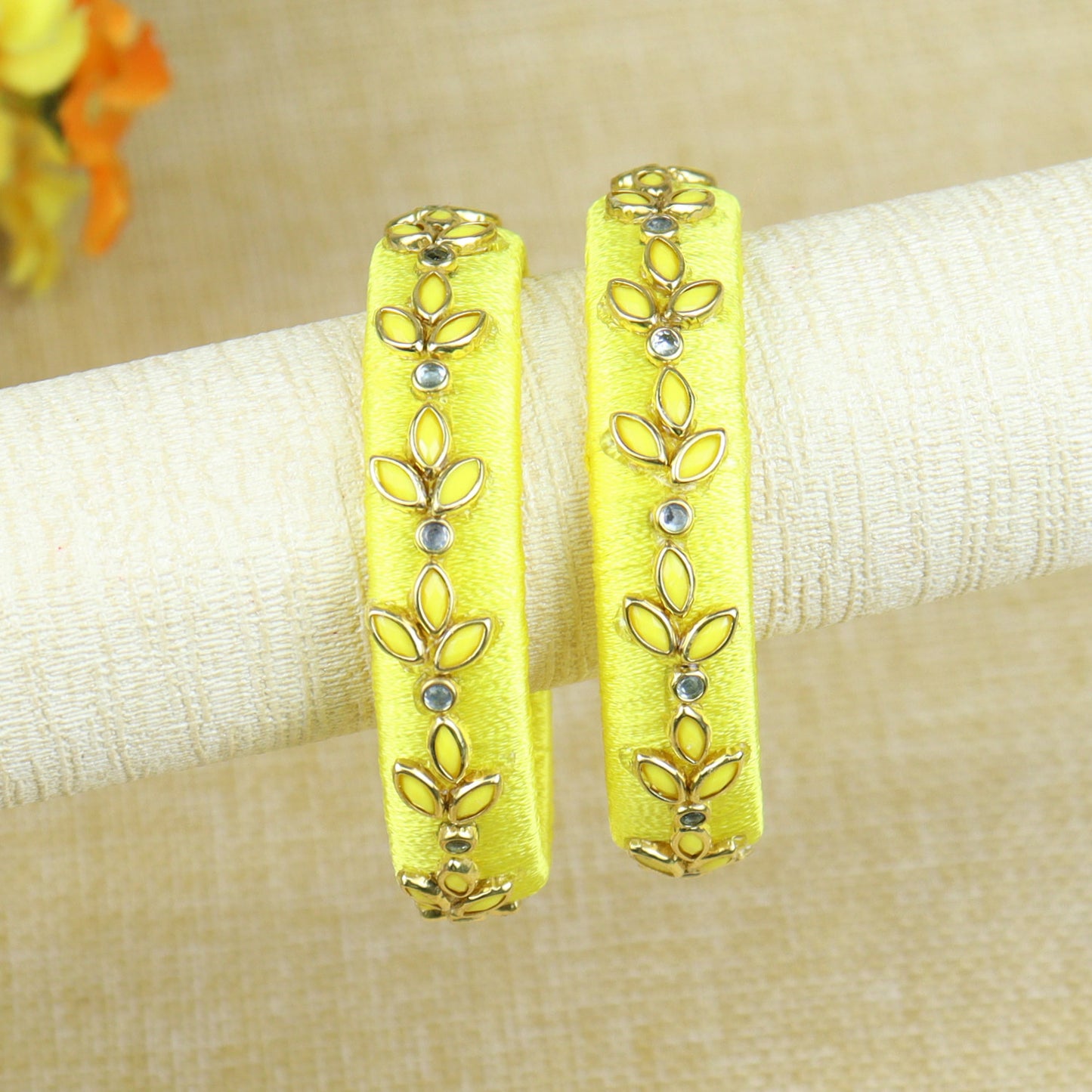 Silk Thread Petal Kundan Stone Bangles - Set of 2