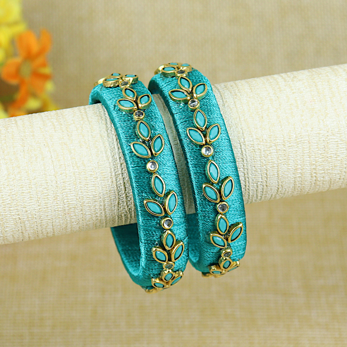 Silk Thread Petal Kundan Stone Bangles - Set of 2
