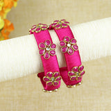 Silk Thread Flower Kundan Stone Bangles - Set of 2