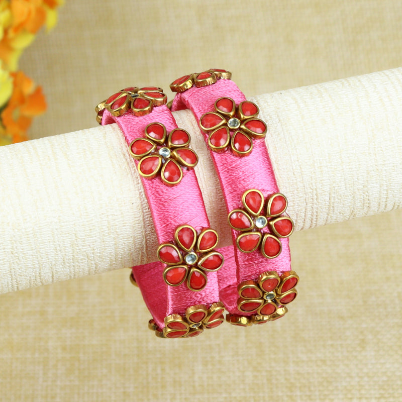 Silk Thread Flower Kundan Stone Bangles - Set of 2