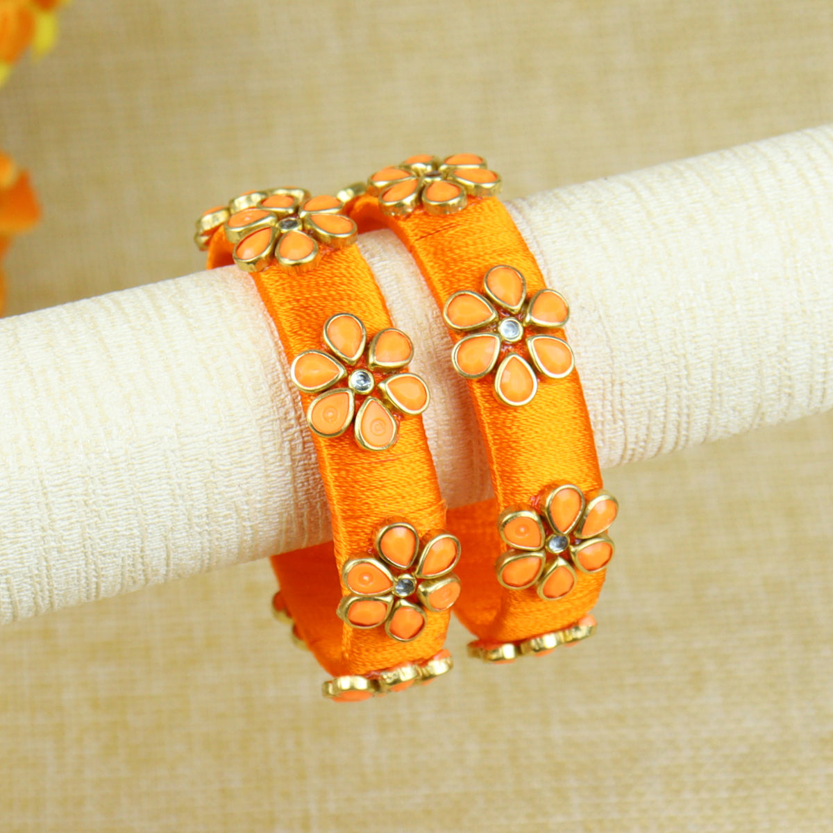 Silk Thread Flower Kundan Stone Bangles - Set of 2