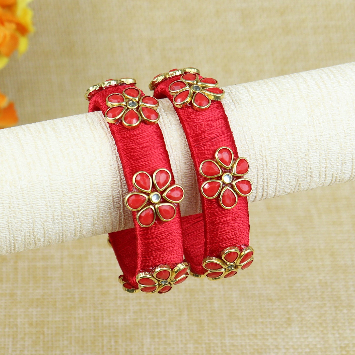 Silk Thread Flower Kundan Stone Bangles - Set of 2
