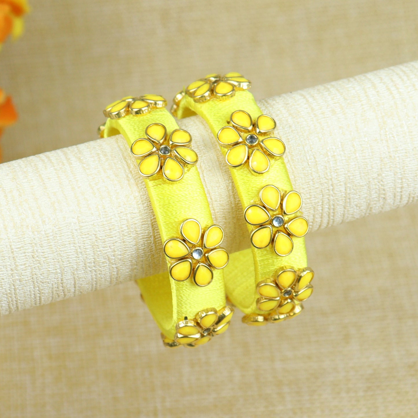 Silk Thread Flower Kundan Stone Bangles - Set of 2