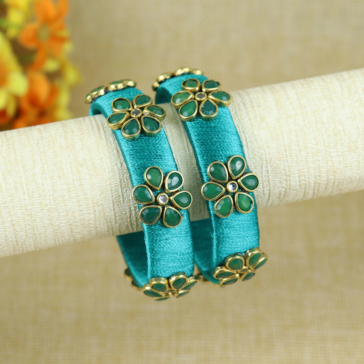 Silk Thread Flower Kundan Stone Bangles - Set of 2