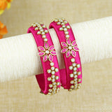 Silk Thread Floral Kundan Stone Bangles - Set of 2