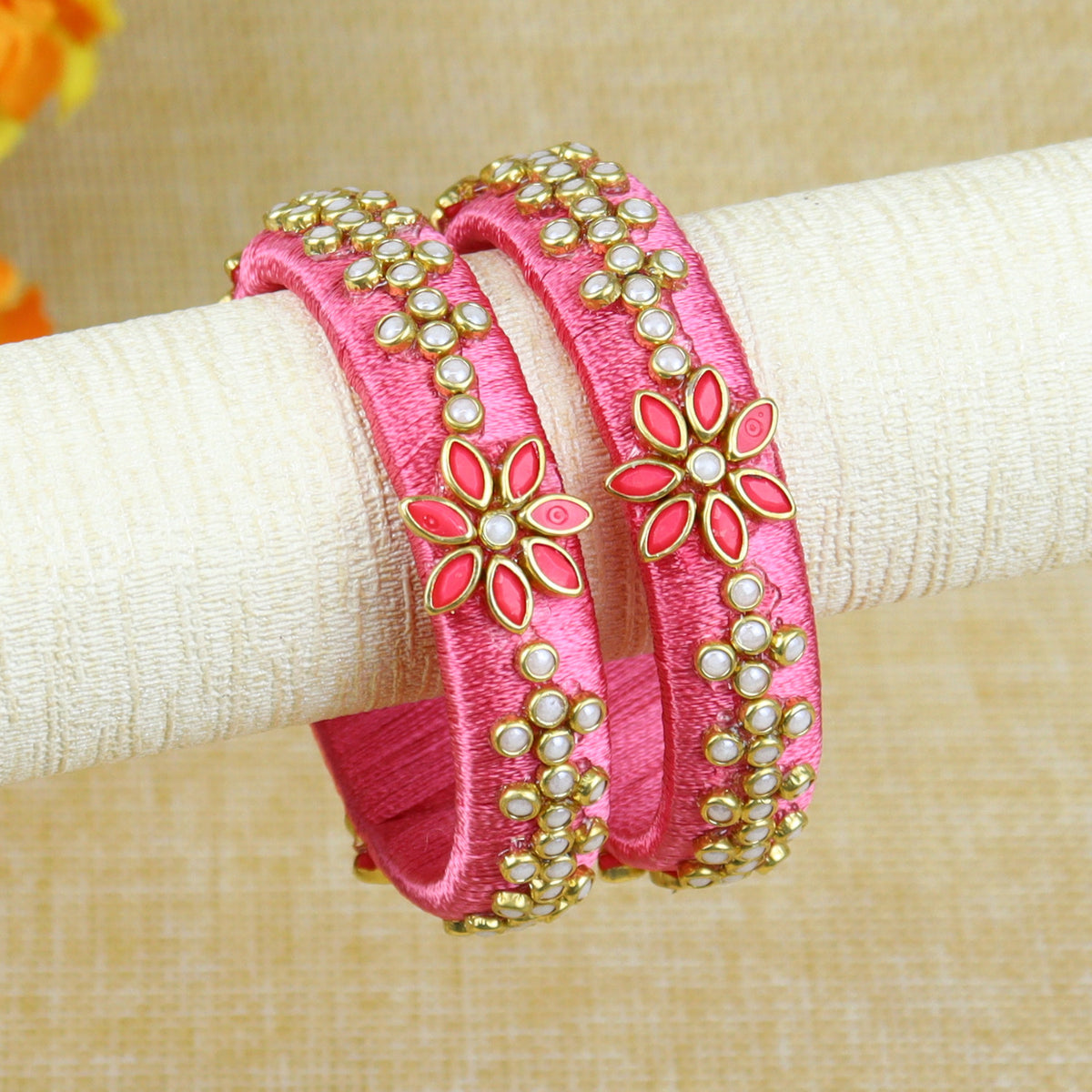 Silk Thread Floral Kundan Stone Bangles - Set of 2