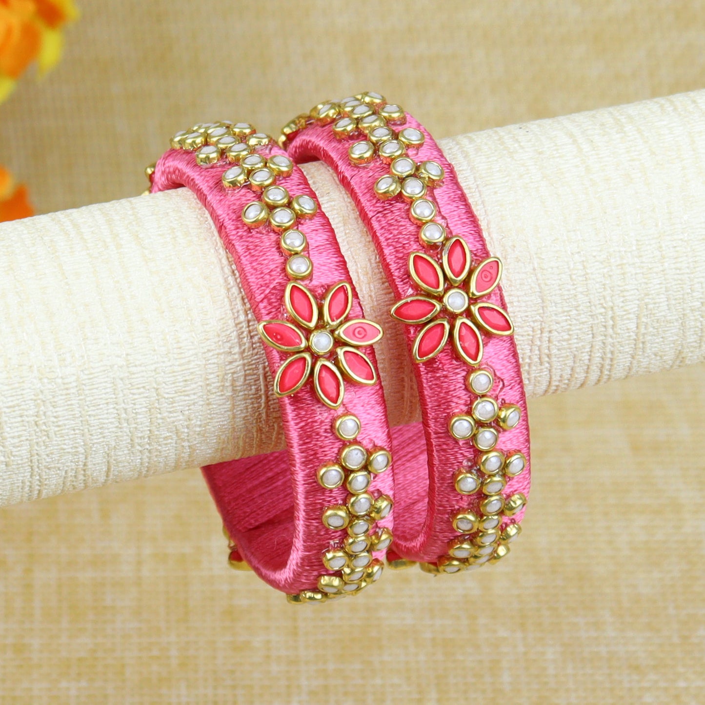 Silk Thread Floral Kundan Stone Bangles - Set of 2